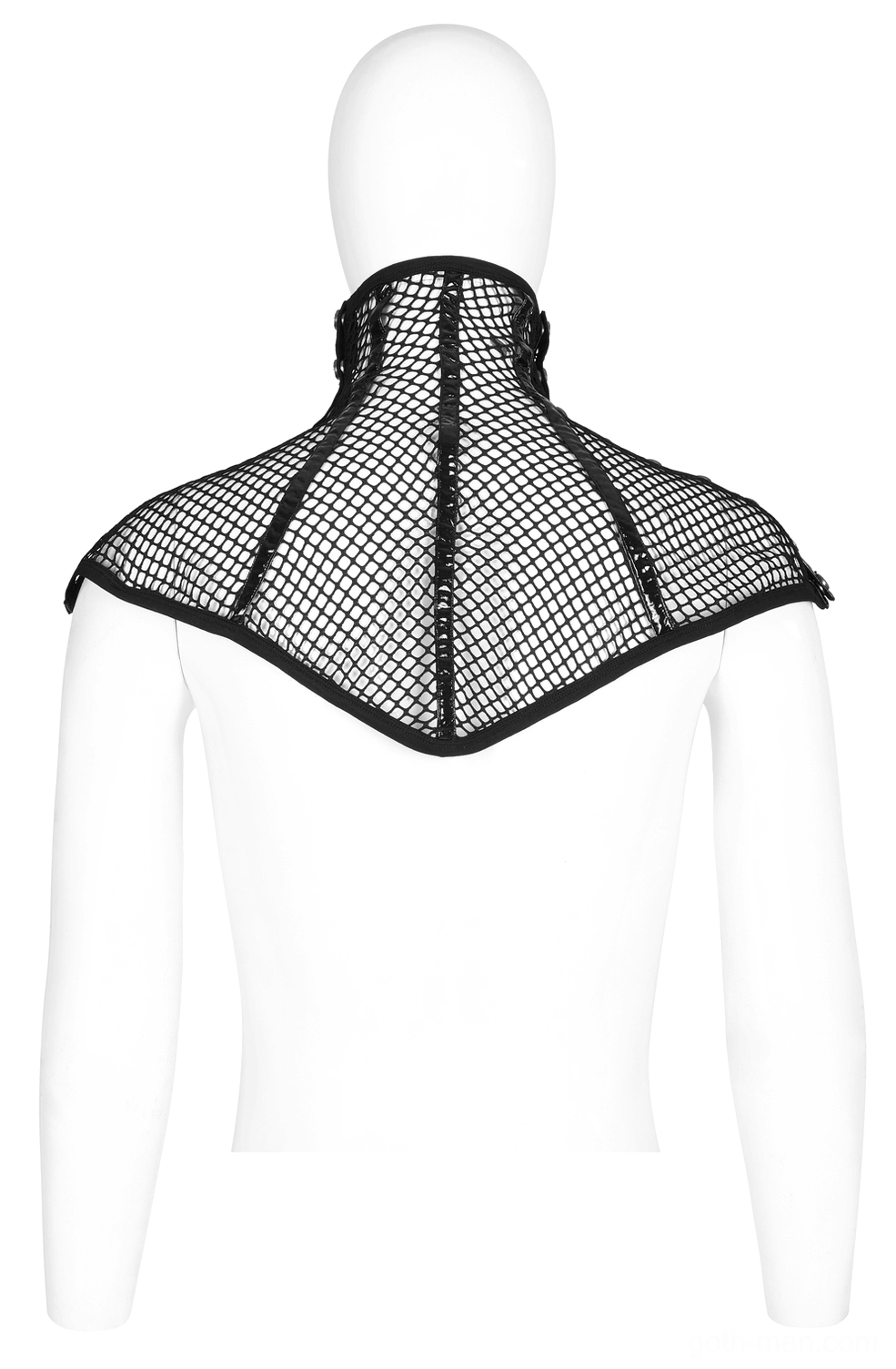 Back view of black mesh gothic face mask collar on mannequin displaying structured shoulder pad details and clean back panel