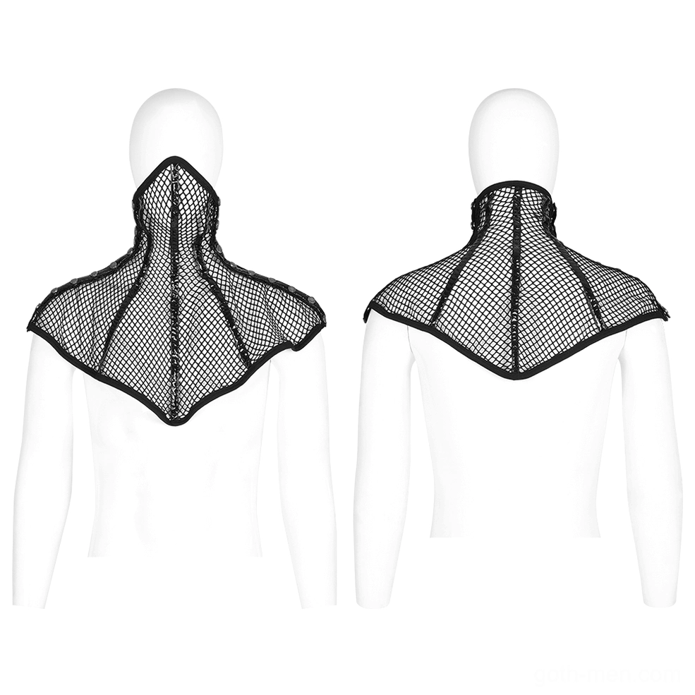 Front and back display of black mesh gothic face mask collar on mannequin showing asymmetrical cape-style shoulder piece design