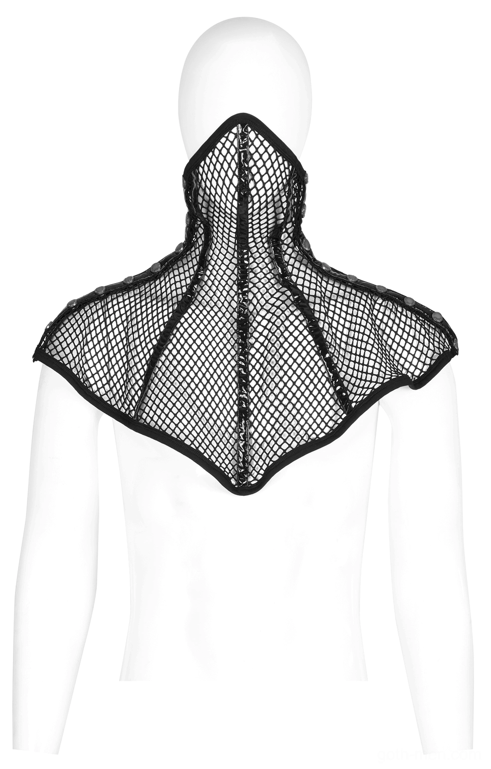 Front view of black fishnet gothic collar on mannequin with high neck mask design and curved hem, structured shoulders