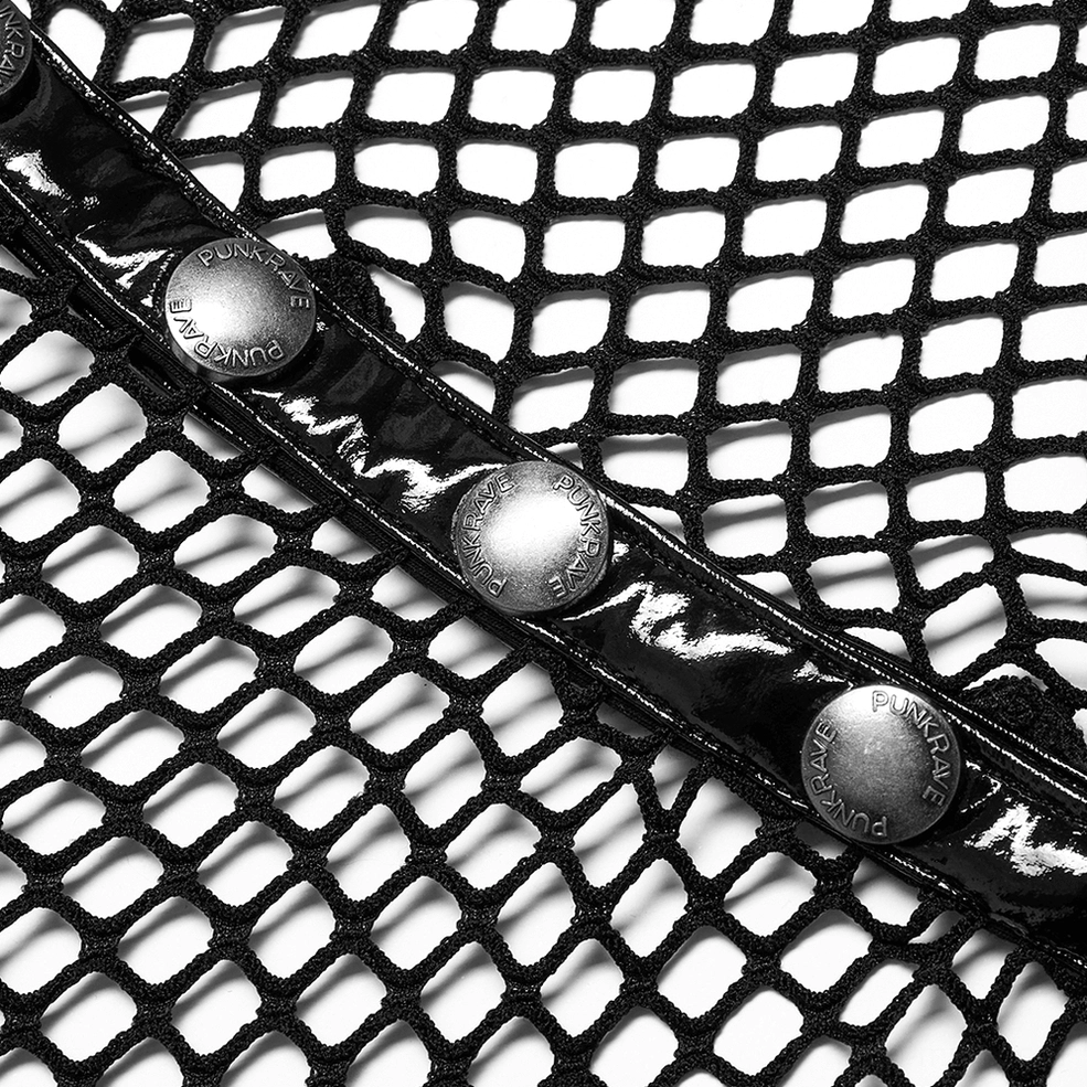 Close-up of black mesh gothic collar metal snap buttons on glossy trim showing branded fasteners and fishnet base fabric