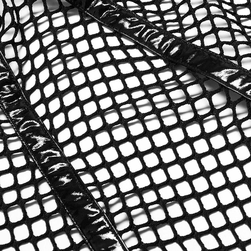 Close-up detail of black mesh gothic collar with patent leather trim strips and uniform square fishnet weave pattern
