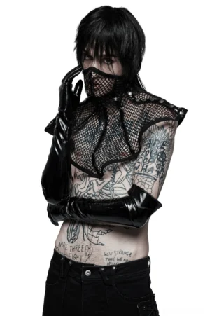 Black fishnet gothic collar three-quarter side view on tattooed male model paired with long black leather gloves, alternative fashion styling