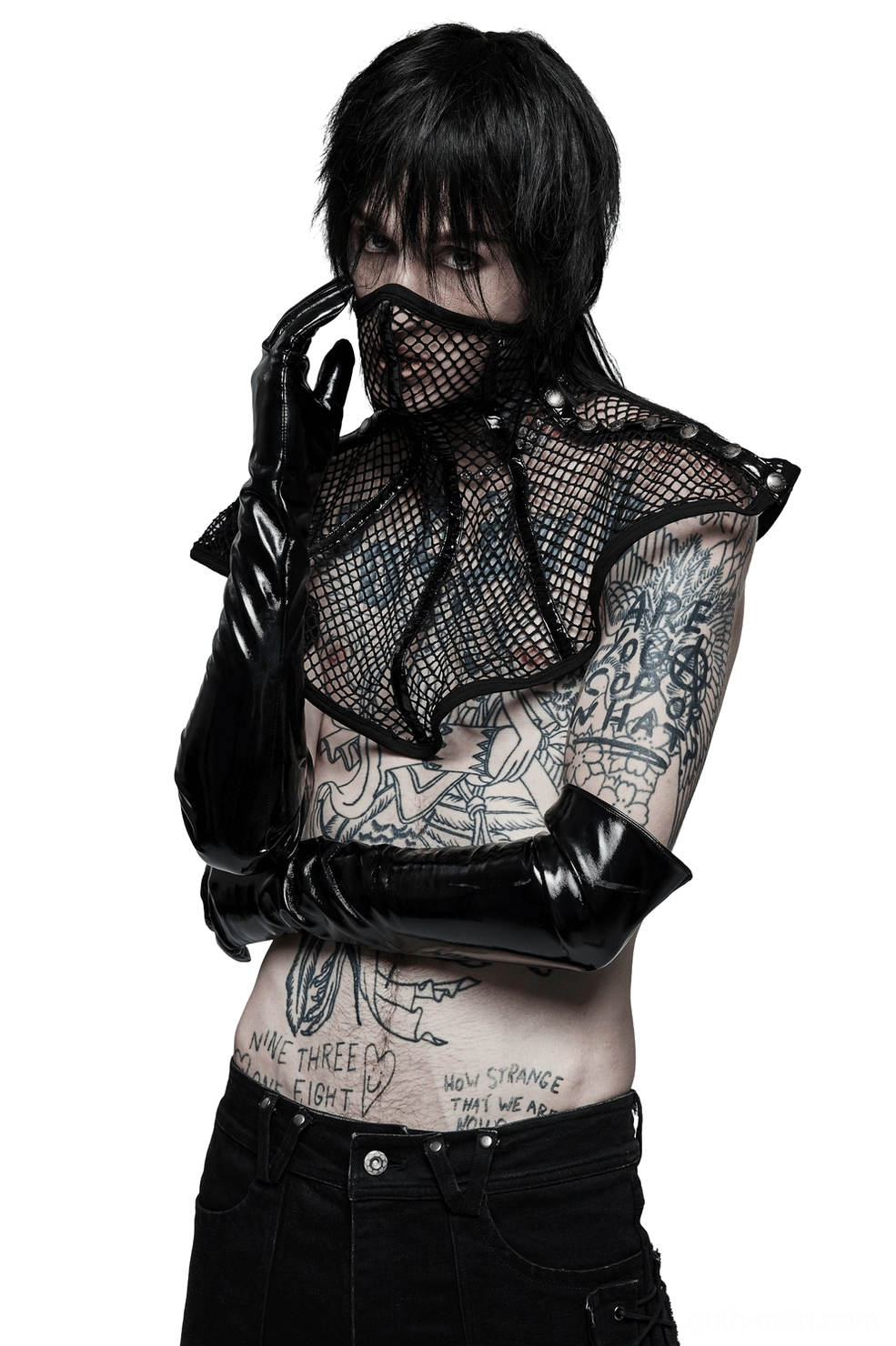 Black fishnet gothic collar three-quarter side view on tattooed male model paired with long black leather gloves, alternative fashion styling