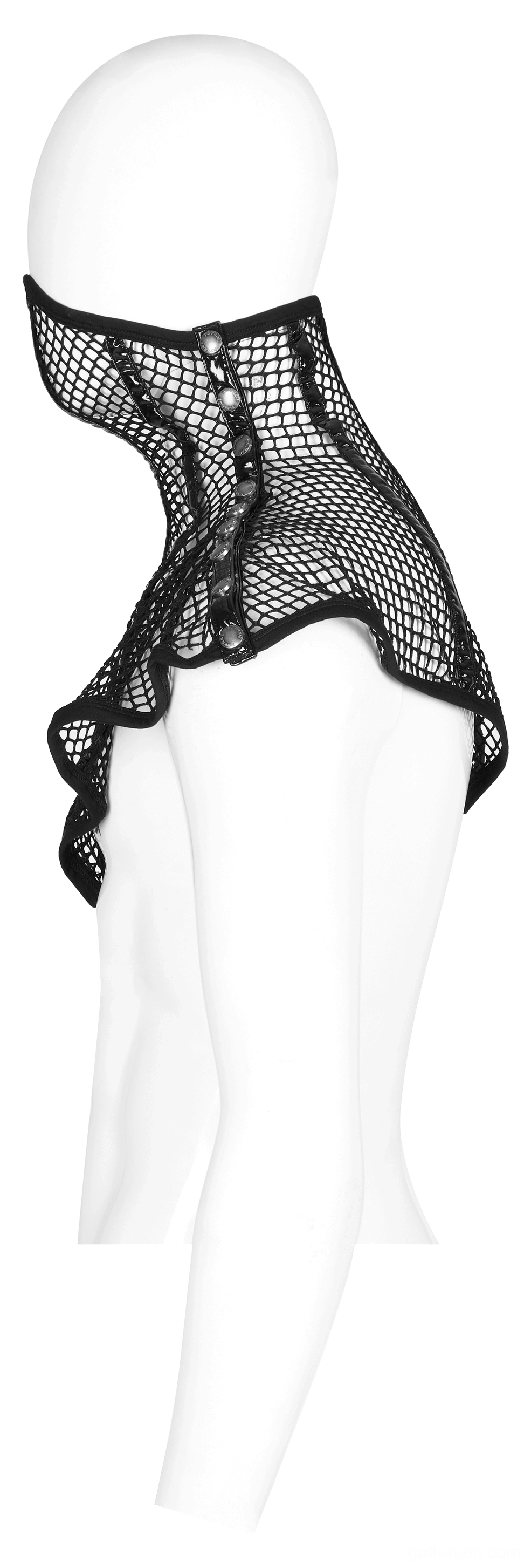 Side profile of black mesh gothic collar on mannequin showing draped asymmetrical fishnet design and shoulder pad structure