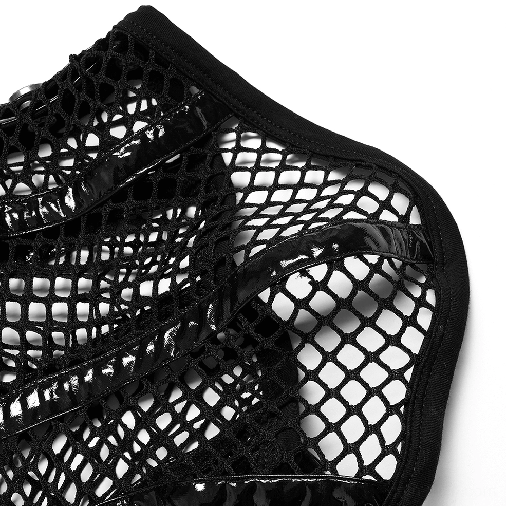 Close-up detail of black mesh gothic collar trim showing glossy edge binding and square fishnet grid texture
