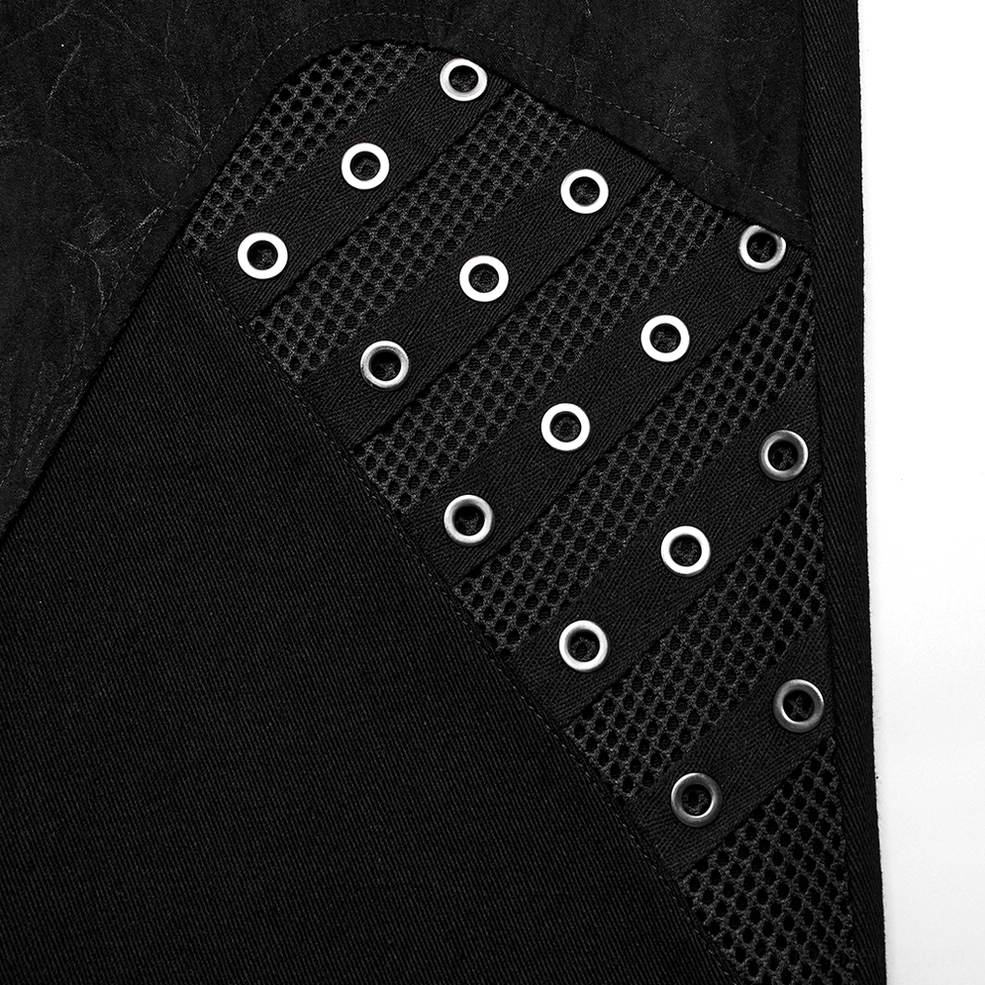 Grid mesh with metal eyelets detail shot showing gothic pants fabric texture and construction