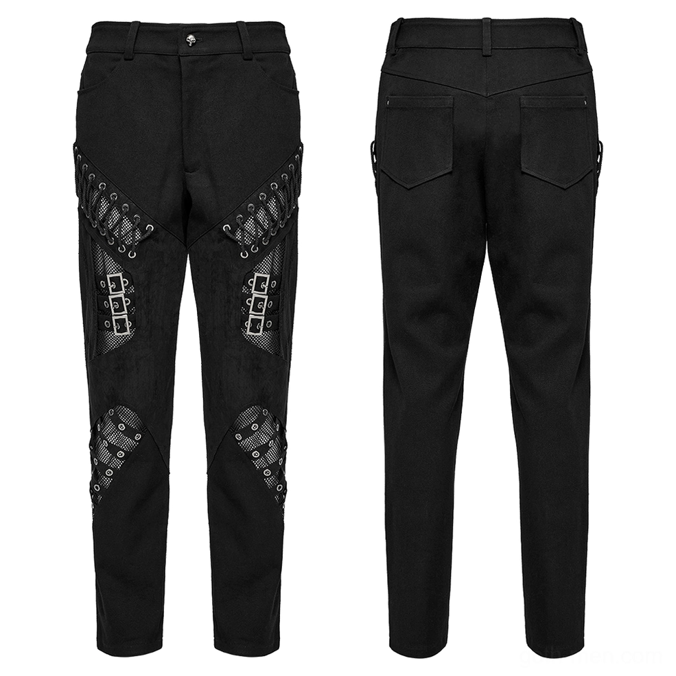 Gothic slim-fit black pants flat lay front and rear angle showing lace buckle mesh details