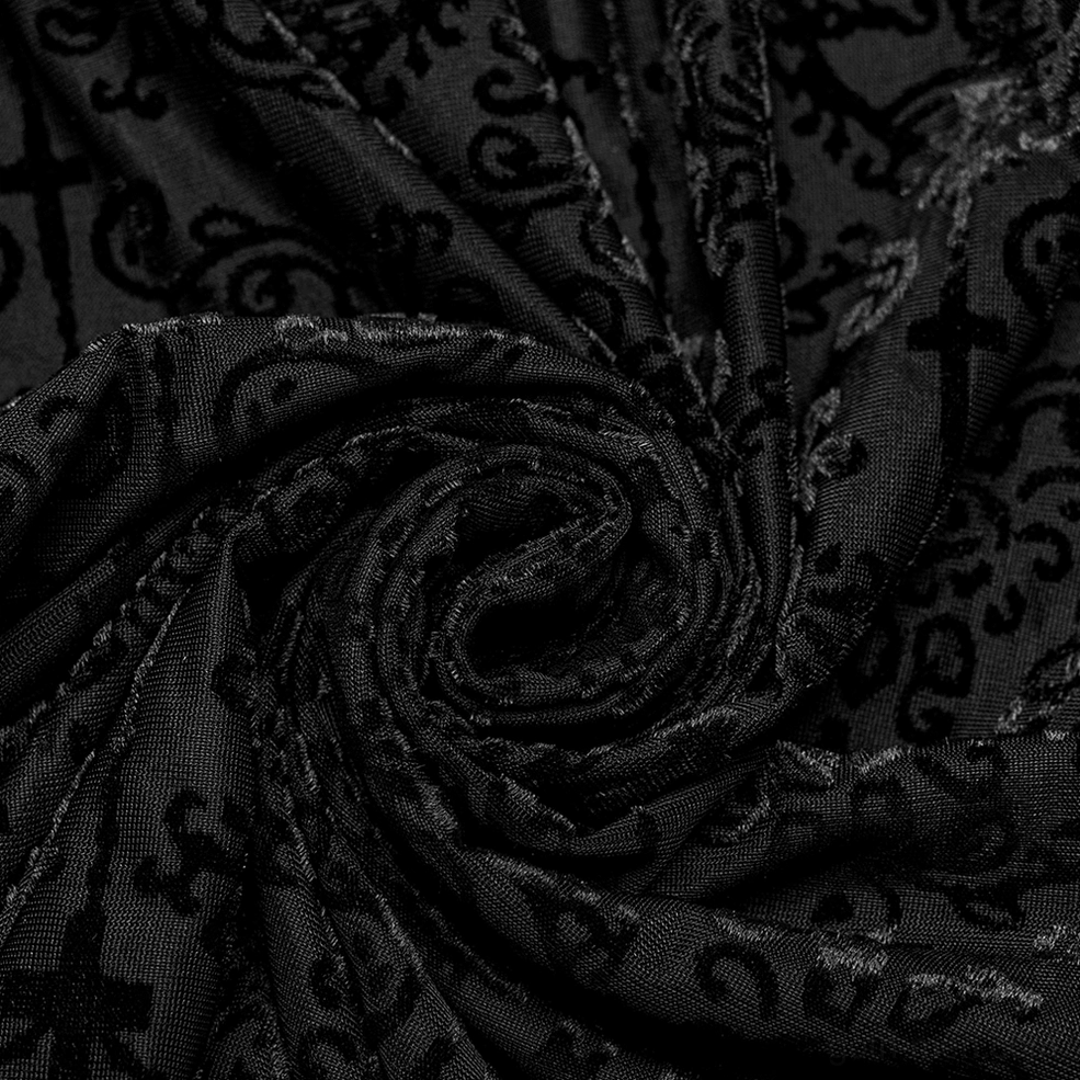 Draped fabric swatch detail showing sheer black mesh with soft flocked pattern texture