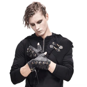 Punk half-finger gloves with mesh lace-up design and metal rivets close-up