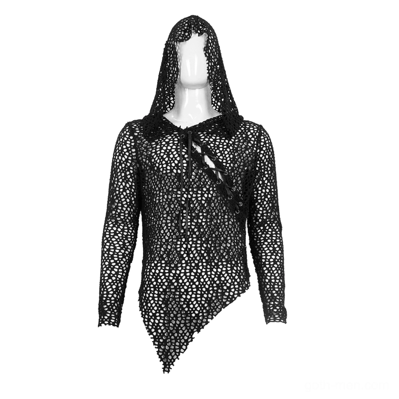 Front display of black hollow mesh hooded top with cross strap lacing detail on headless mannequin