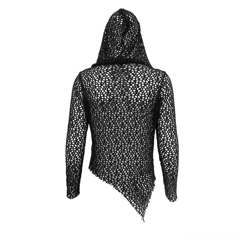 Full back view of men's black hollow knit mesh hooded top on mannequin showing complete silhouette
