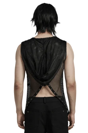 Gothic mesh hooded vest back view displaying open crisscross mesh design