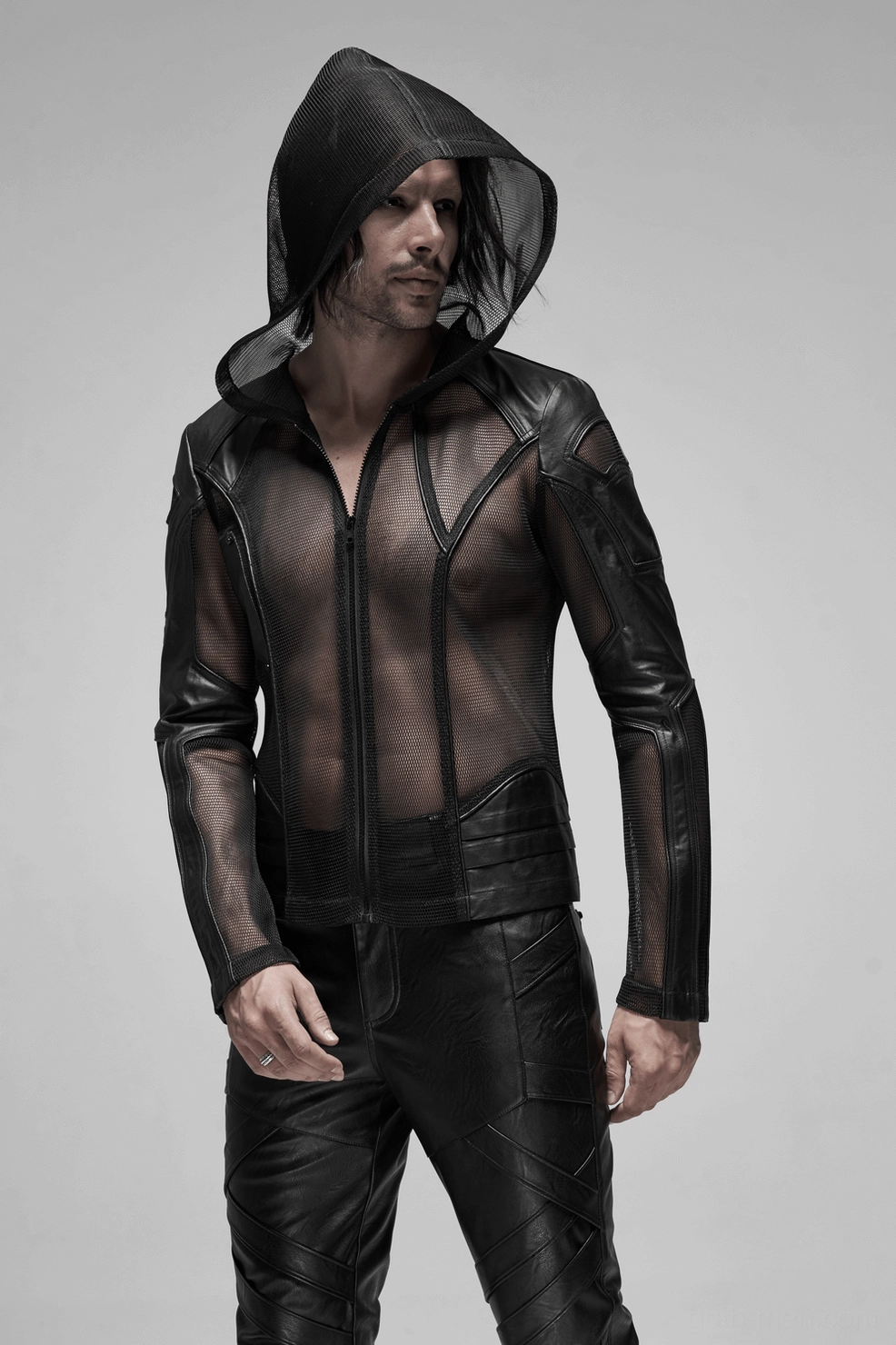 Gothic mesh leather zip hoodie asymmetric design detail - irregular leather collage placement and avant-garde silhouette construction