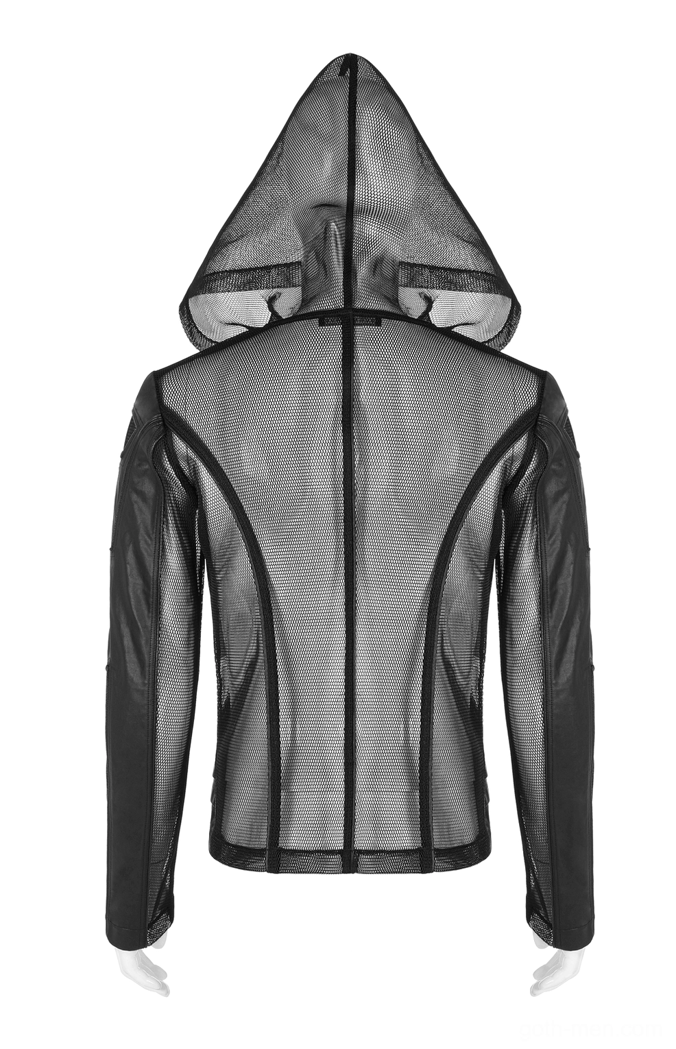 Rear view of black gothic mesh hoodie on mannequin - layered construction with structured faux leather panels and segmented seam architecture