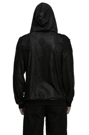 Black gothic hoodie rear view on male model showing ribbed hem and hooded back design
