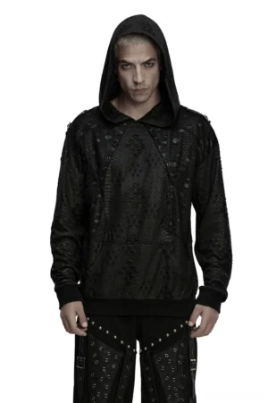 Male model wearing black gothic tattered mesh hoodie with shoulder buckles, front studio view