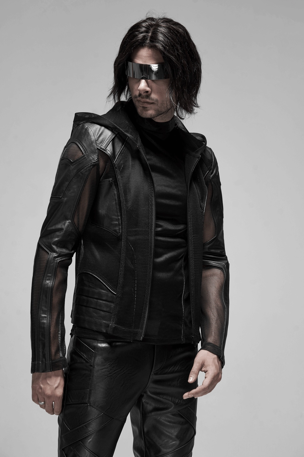 Gothic mesh leather zip hoodie dimensional architecture - three-dimensional sleeve construction and avant-garde tailoring detail