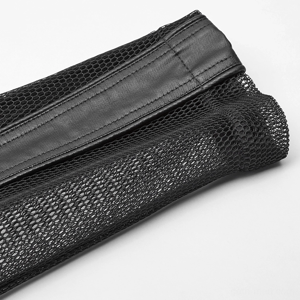 Textural close-up of avant-garde mesh leather hoodie - sheer polyester mesh and cotton faux leather panel integration