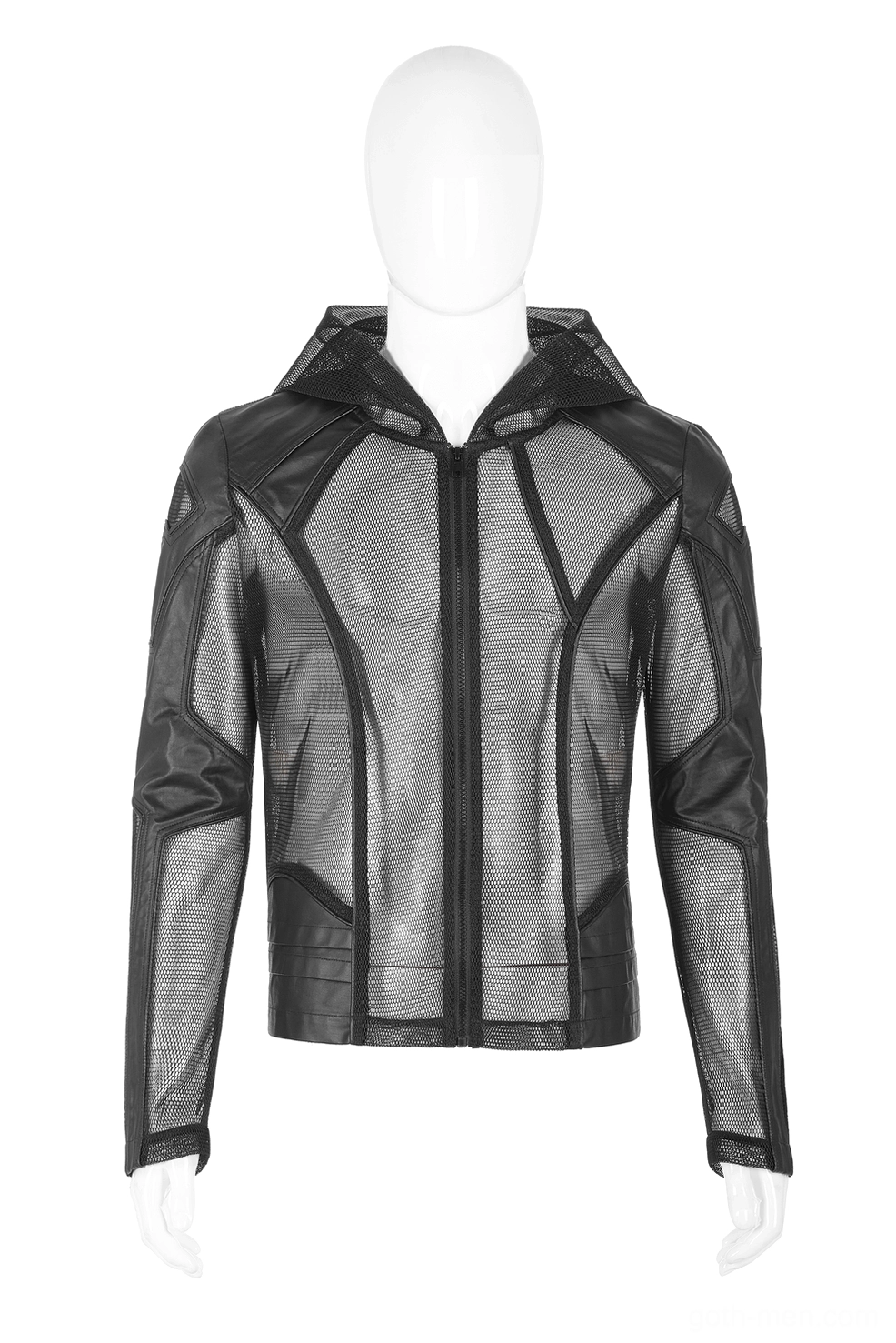 Front detail of mesh leather zip hoodie - full front zipper, layered faux leather hem, and gothic hooded design on display