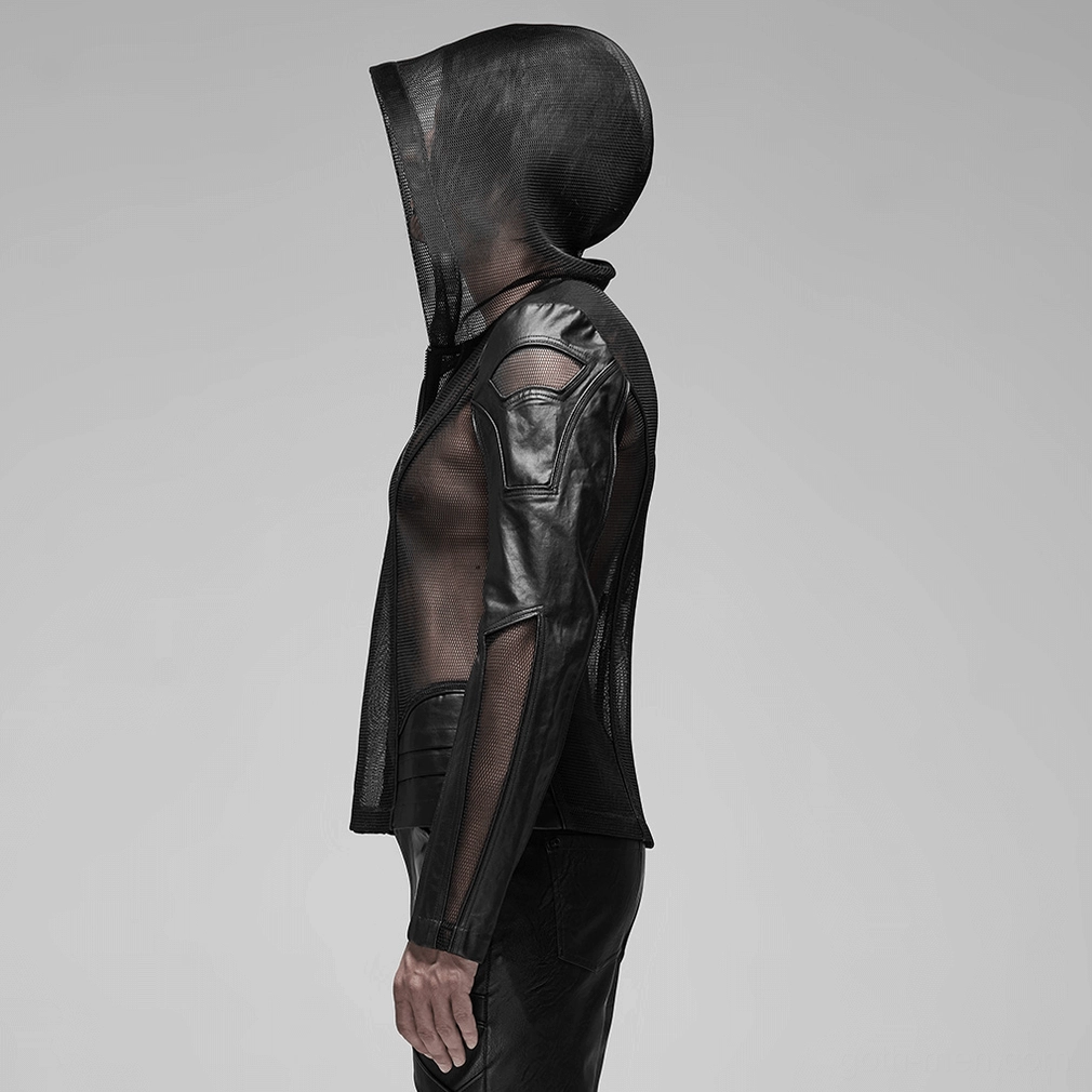 Mesh leather zip hoodie hooded section detail - structured black mesh hood with faux leather accent trim on mannequin