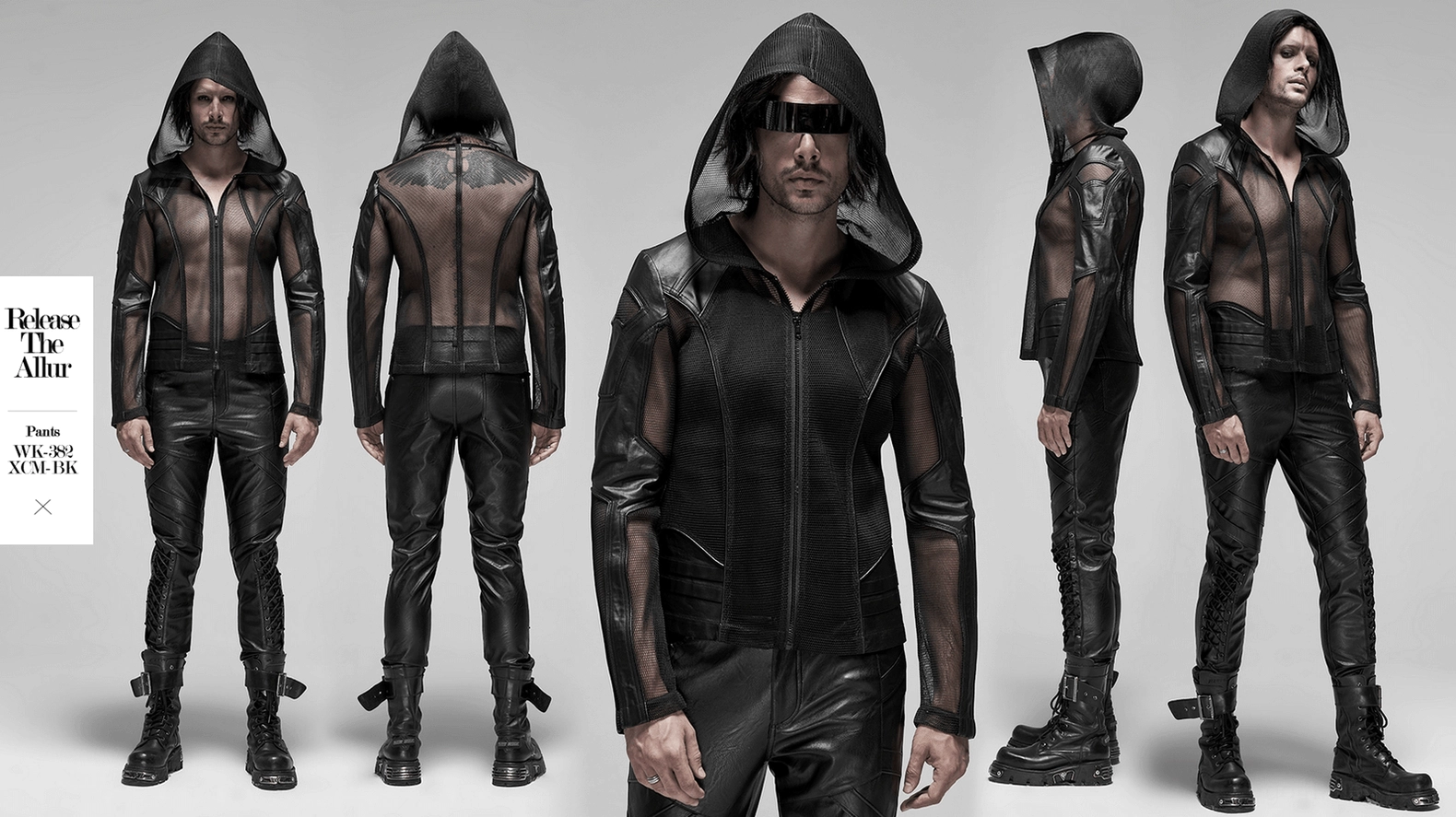 Layered faux leather hem detail on black gothic mesh hoodie - polyester mesh body with strategic cotton leather panel integration
