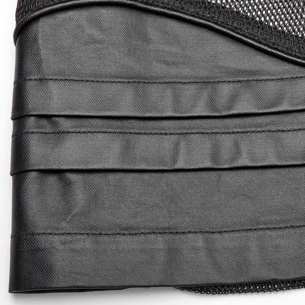 Detail shot of faux leather strips and stitched seams on gothic mesh hoodie - asymmetric leather collage and polyester mesh construction