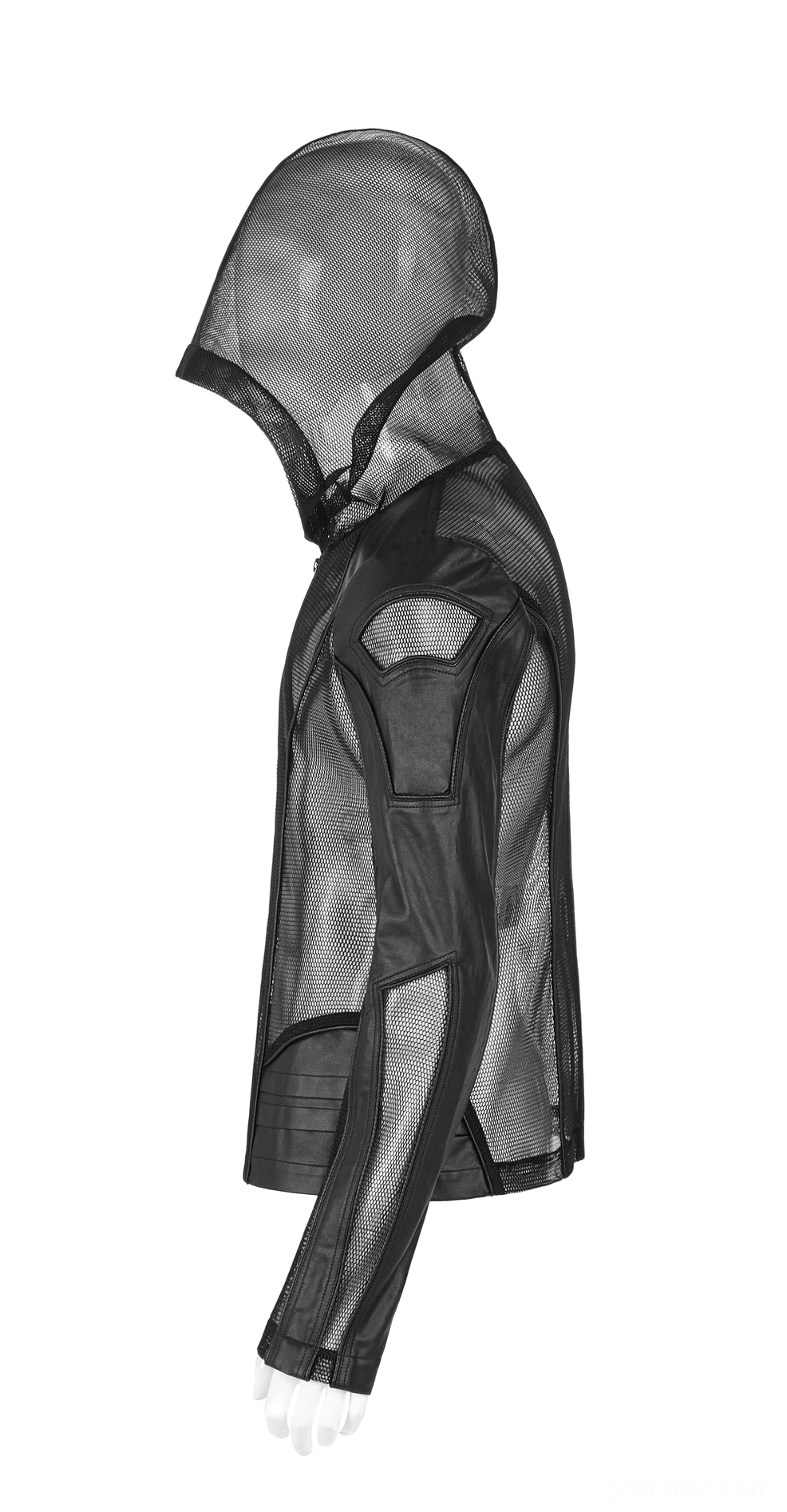 Side profile of gothic mesh leather hoodie on mannequin - exposed sheer mesh sleeve with mechanical bud splice and shoulder cutout detail