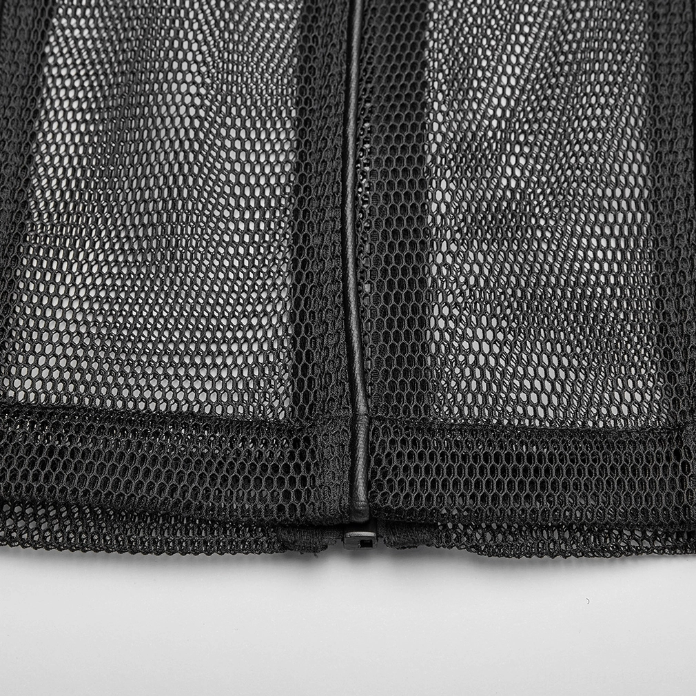 Black gothic mesh leather zip hoodie construction detail - mechanical sleeve segmentation and three-dimensional bud splice architecture