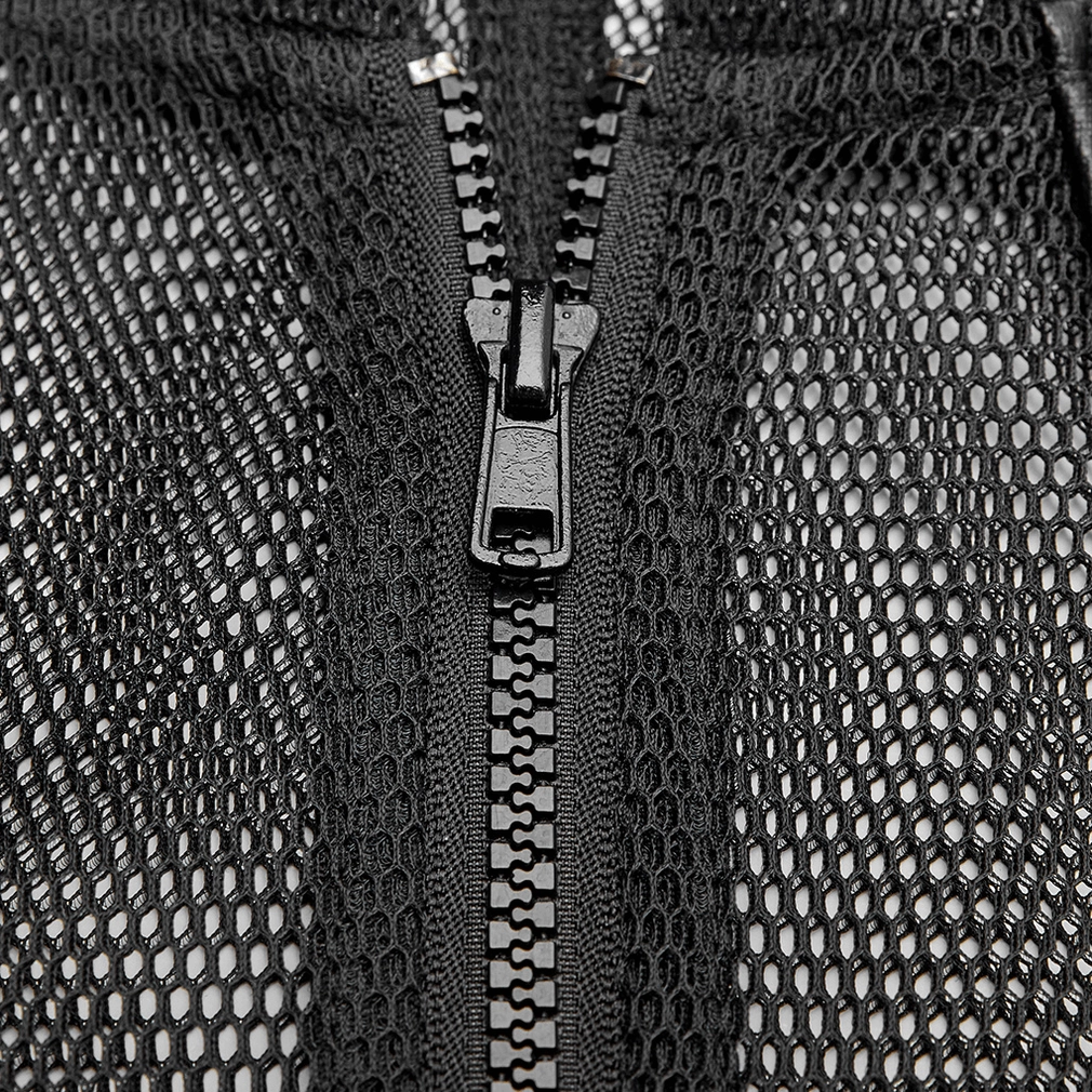 Close-up macro detail of heavy-duty plastic zipper on black mesh gothic hoodie - industrial hardware and mesh fabric texture