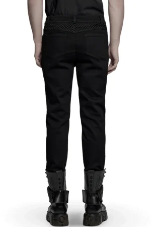Black fitted gothic pants rear full view displaying back waist fishnet panel and streamlined silhouette on male model