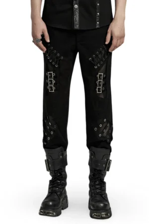 Gothic laced mesh eyelet black pants front view on male model with buckle thigh decorations and black boots