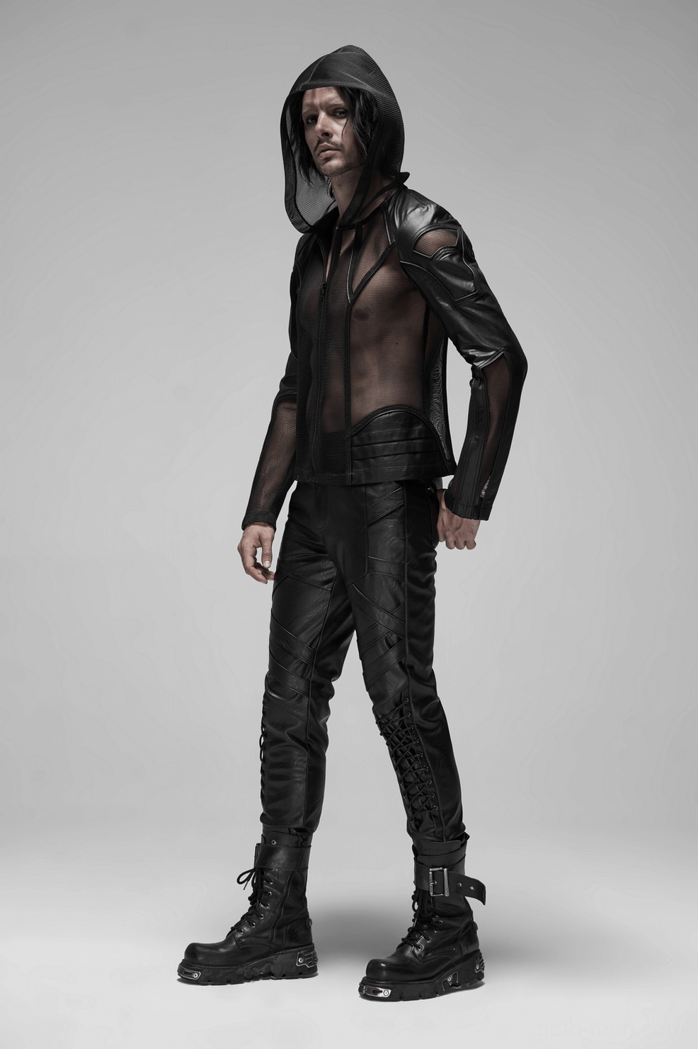 Black gothic mesh leather zip hoodie structured silhouette - avant-garde design with mechanical sleeve and asymmetric leather collage