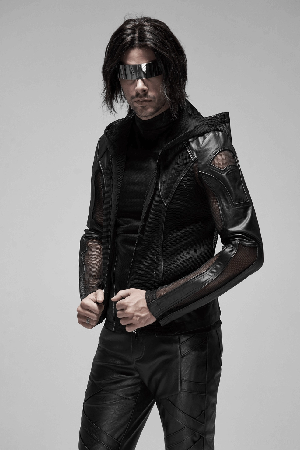 Sheer black mesh hoodie with faux leather accents - techwear gothic fashion for alternative menswear enthusiasts