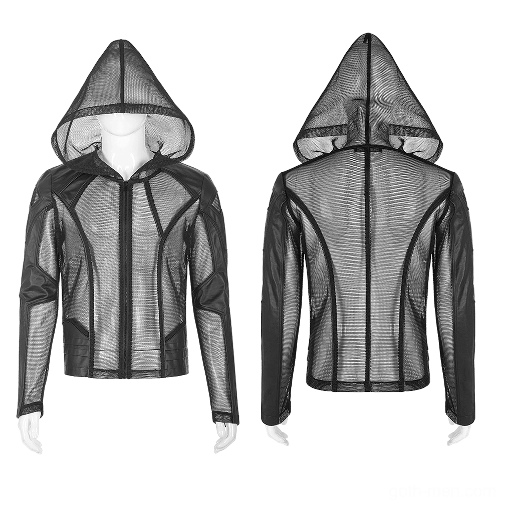 Asymmetric mesh leather zip hoodie front and back display on white mannequin - hooded techwear design with mechanical sleeve segmentation