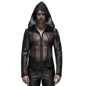 Black mesh leather zip hoodie front full view on male model - gothic techwear aesthetic with sheer mesh body and faux leather accents