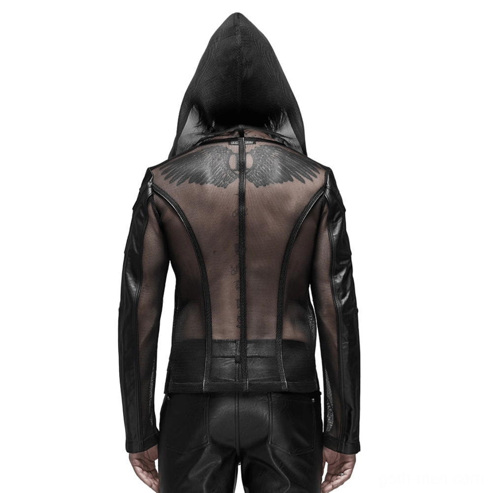 Black mesh zip hoodie back view on male model - sheer mesh back panel with structured faux leather waist detail and tattoo visibility