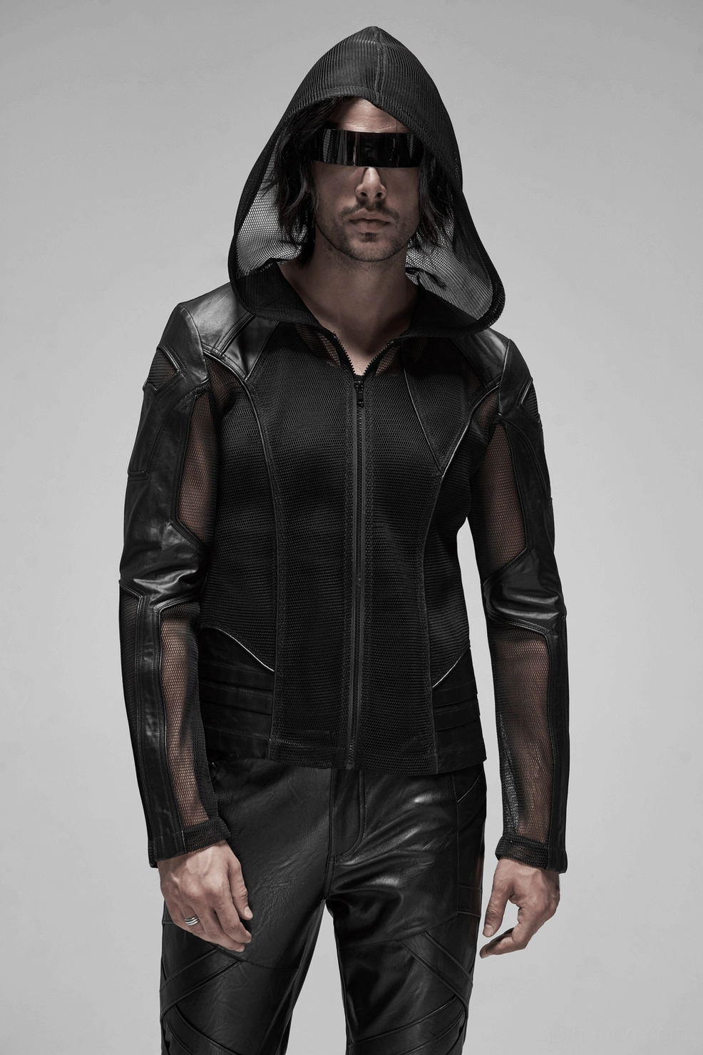 Full-body styled shot of black gothic mesh leather zip hoodie worn - alternative fashion techwear aesthetic with layering potential