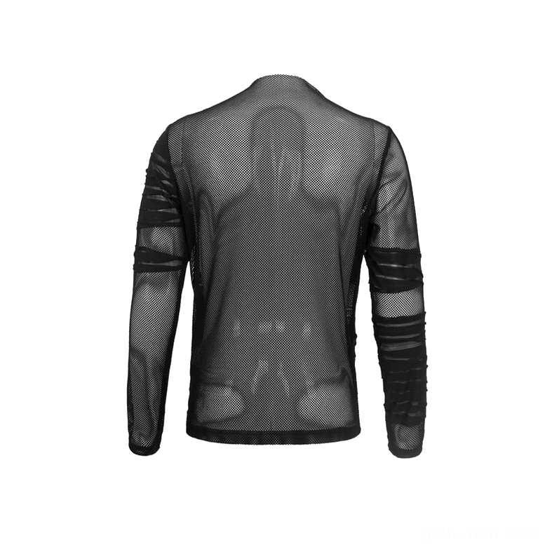Flat lay of black sheer mesh gothic long sleeve top back, all-over transparent mesh without stripe overlay