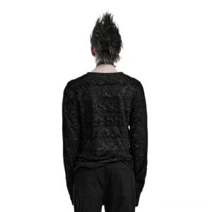 Black gothic long sleeve top back view showing distressed texture and mesh panel integration with model wearing alternative styling