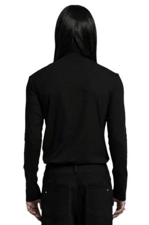 Back view of black gothic long sleeve top with stand collar showing plain back design