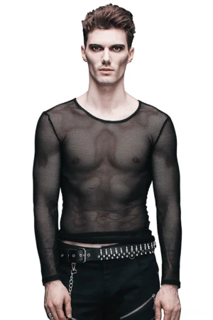 Black mesh long-sleeve gothic top front view on male model, crew neck see-through steampunk style