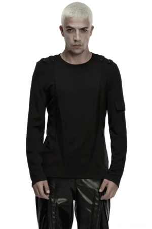Men's black gothic long-sleeve top with mesh panels front view on model, shoulder straps and arm pocket detail visible