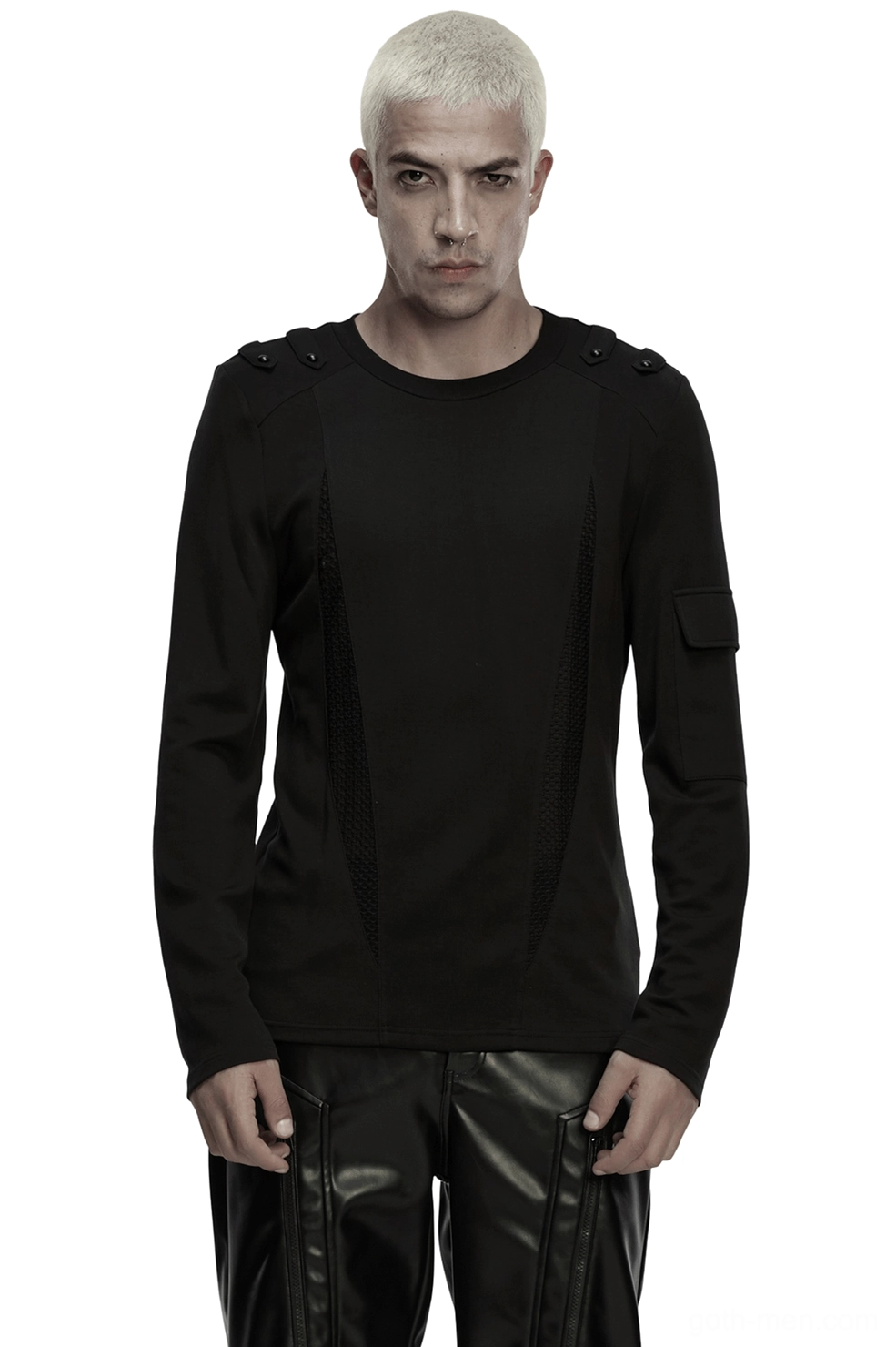 Men's black gothic long-sleeve top with mesh panels front view on model, shoulder straps and arm pocket detail visible