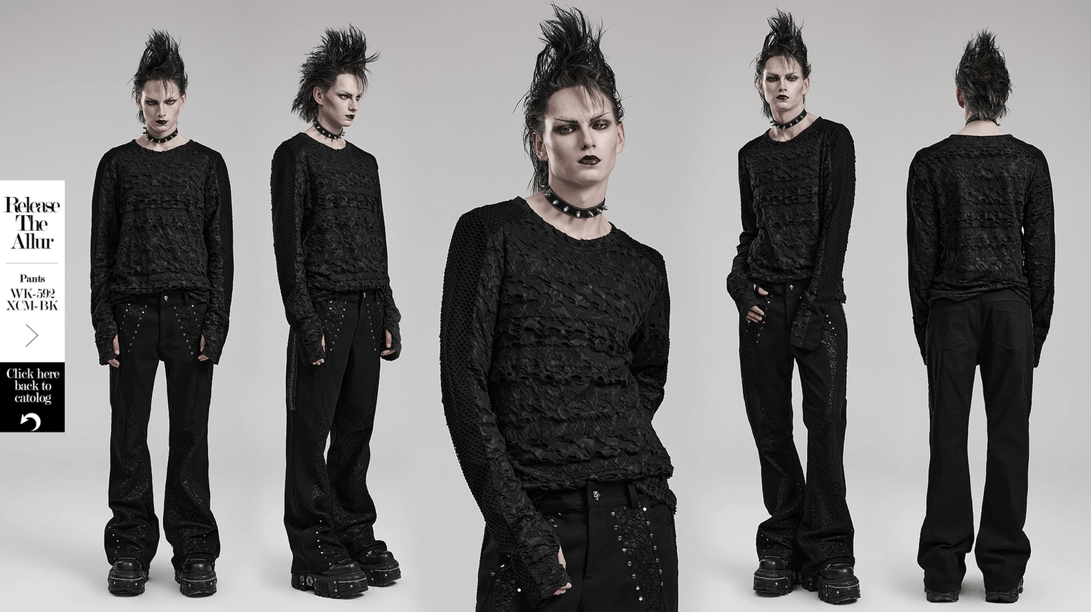 Full product view of dark elegance gothic men's mesh long sleeve top in all-black with distressed aesthetic styling