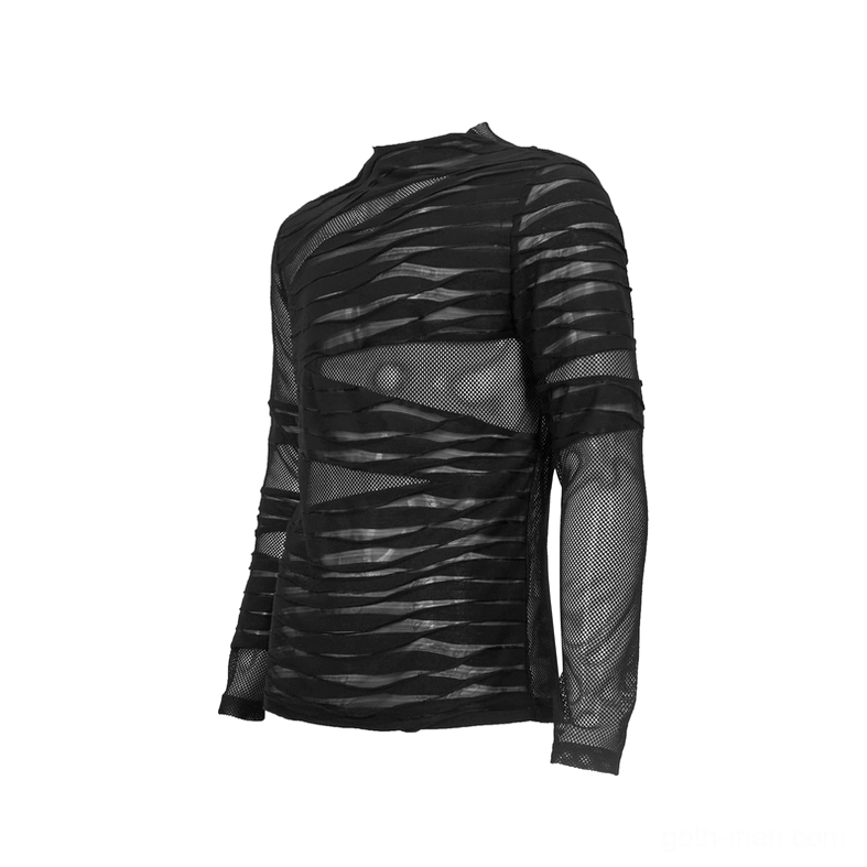 Left rear three-quarter flat lay view of black sheer gothic mesh long sleeve top with irregular stripe details