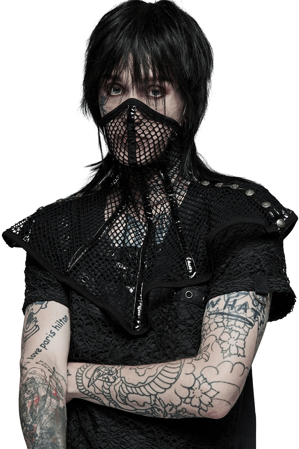 Black mesh gothic face mask collar with structured shoulder pads worn by tattooed male model, frontal view on plain studio background