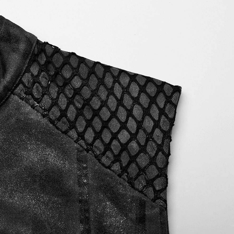 Close-up macro detail of gothic mesh panel, showing grid textile pattern stitched to black woven fabric base