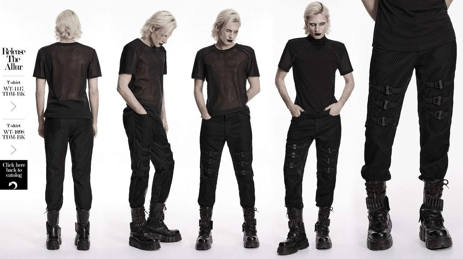 Black gothic mesh slim-fit pants with 3D layered front construction detail