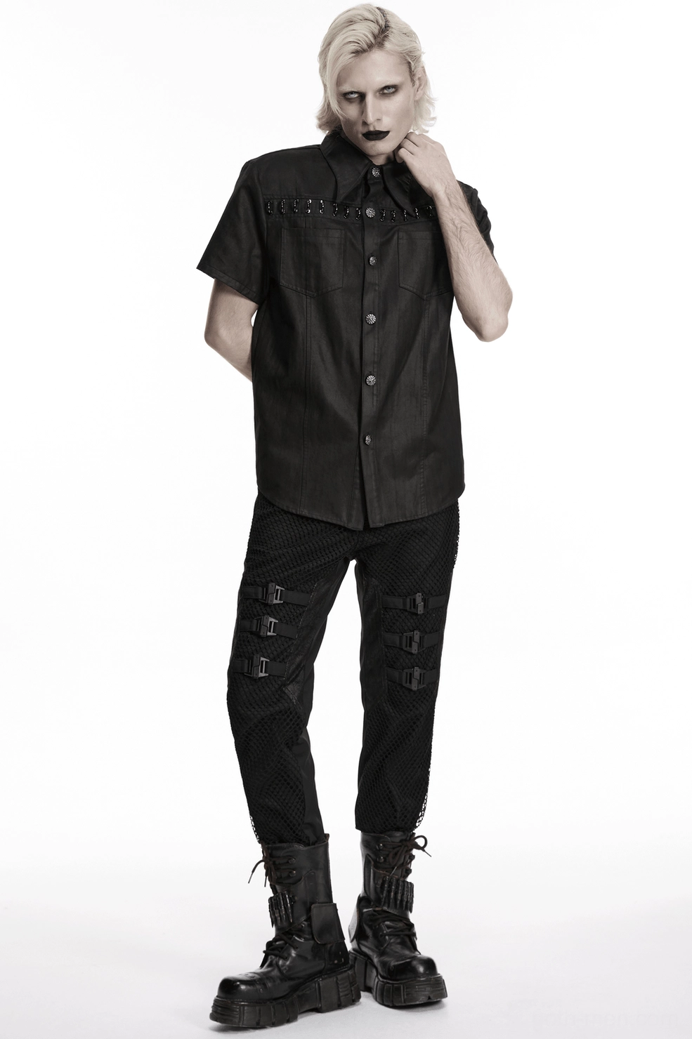 Black gothic mesh buckle pants alternative fashion streetwear - full body view