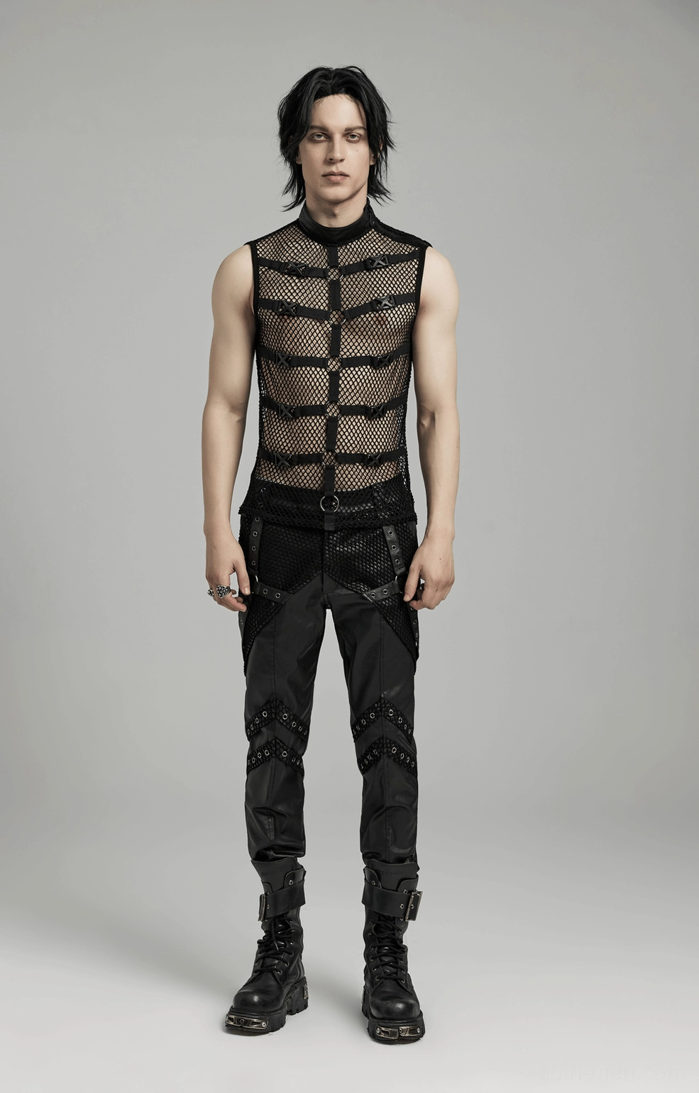 Black mesh gothic punk vest alternative angle view displaying alternative fashion aesthetic